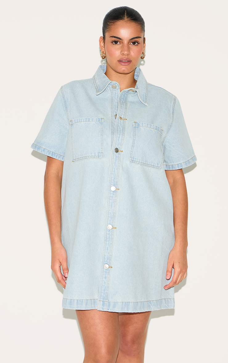 Plus Light Blue Contrast Stitch Denim Shirt Dress image 1