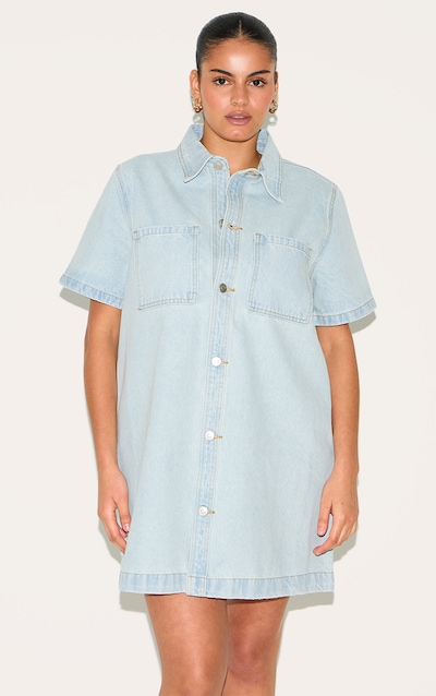 Plus Light Blue Contrast Stitch Denim Shirt Dress