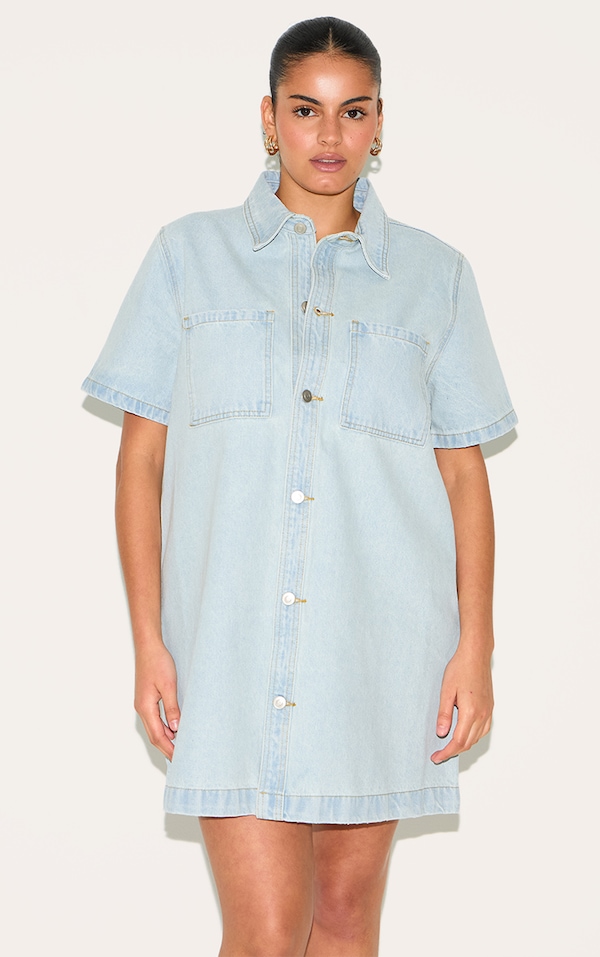 Plus Robe chemise en jean bleu clair à coutures contrastantes