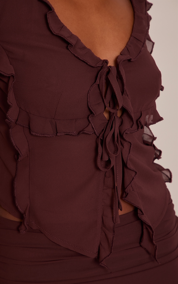 Dark Brown Chiffon Ruffle Tie Front Blouse image 4