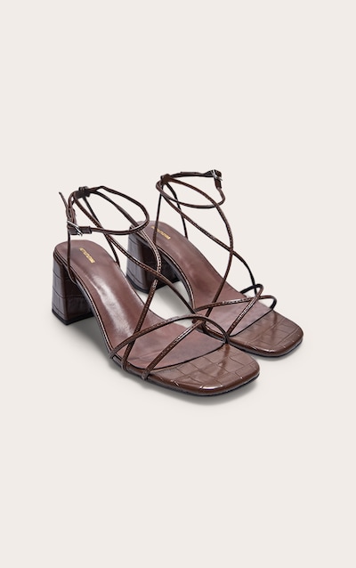 Chocolate Croc PU Round Toe Strappy Mid Block Heeled Sandals
