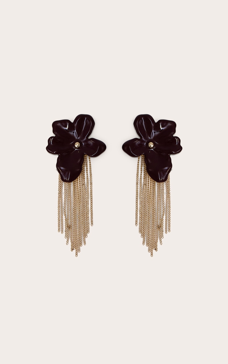 Burgundy Flower Gold Chain Drape Earrings image 2