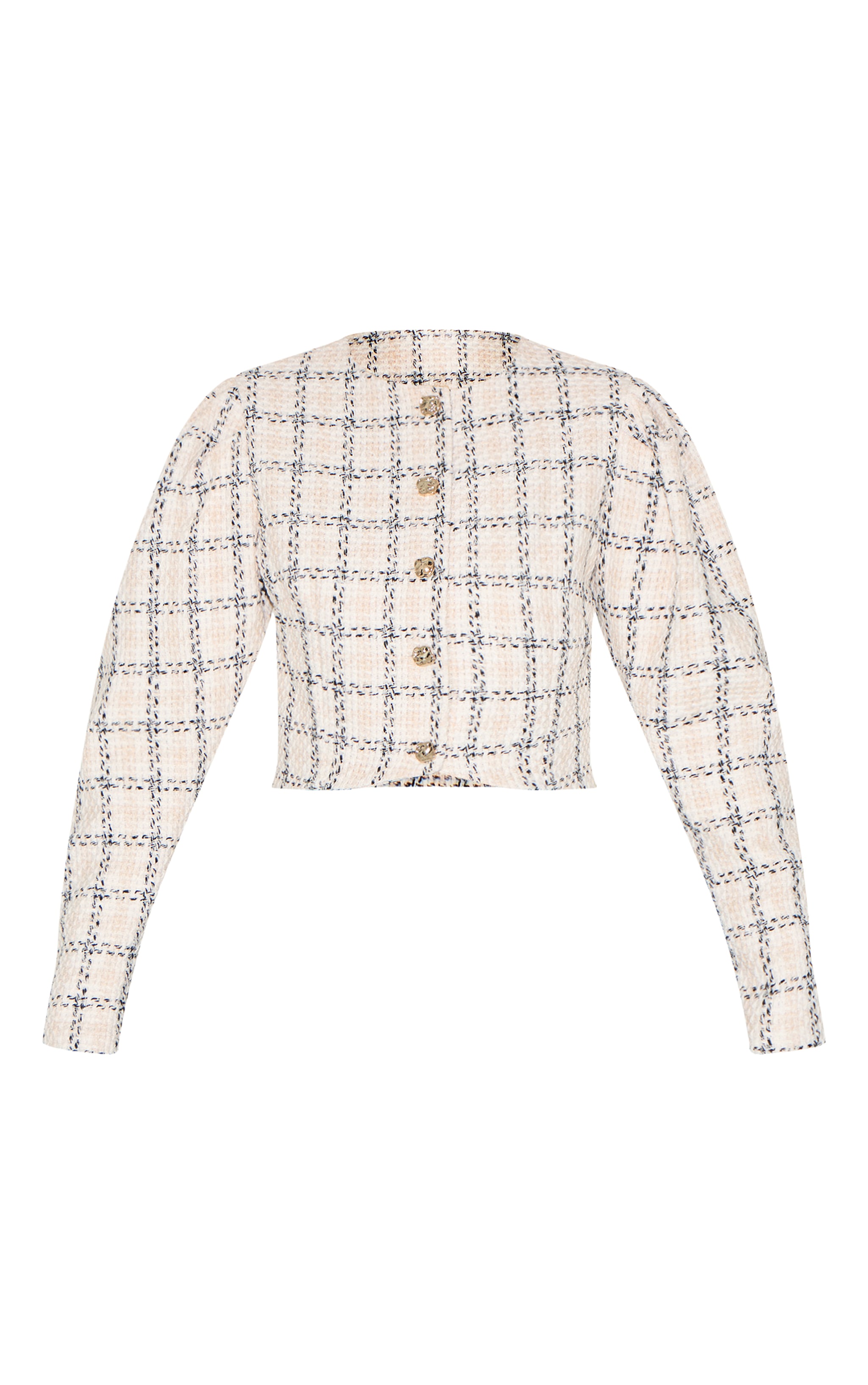 White Button Up Tweed Ruched Sleeve Jacket image 5