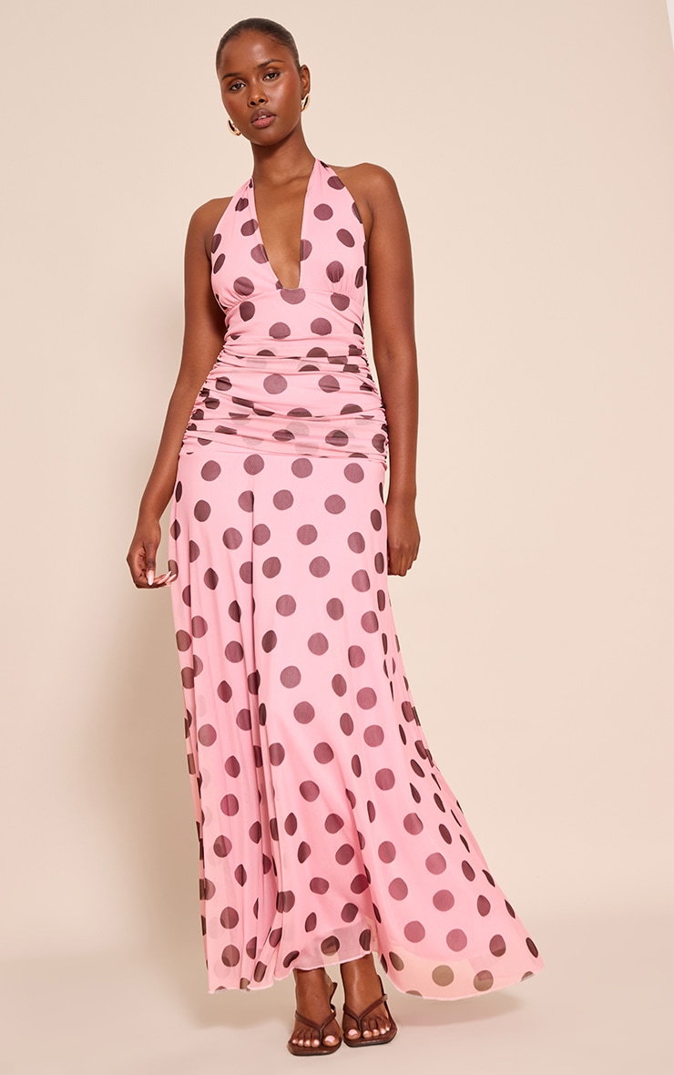 Robe longue en mousseline de soie rose à pois et dos nu image 1