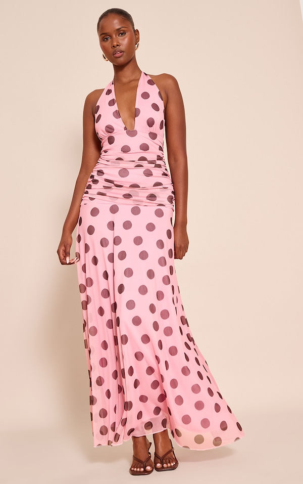 Pink Polka Dot Chiffon Halterneck Maxi Dress