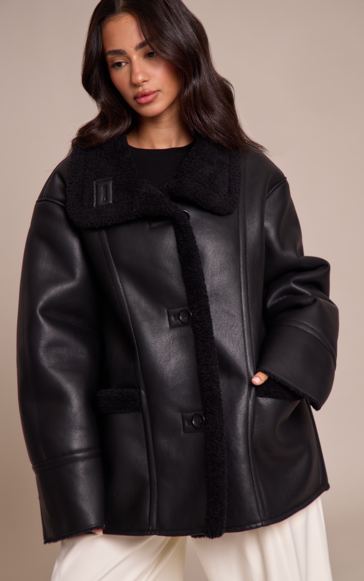 Petite Black Borg Lining Funnel Neck Aviator