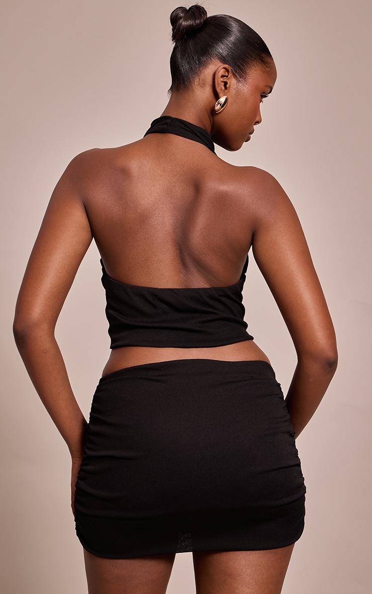 Black Onion Skin Ruched Halter Crop Top image 2