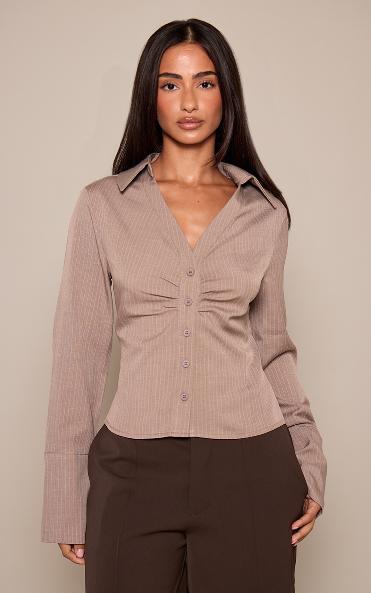Petite Taupe Pinstripe Ruched Bust Button Up Shirt