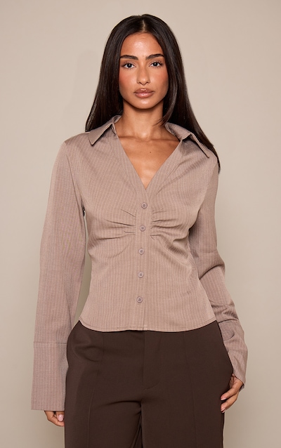 Petite Taupe Pinstripe Ruched Bust Button Up Shirt