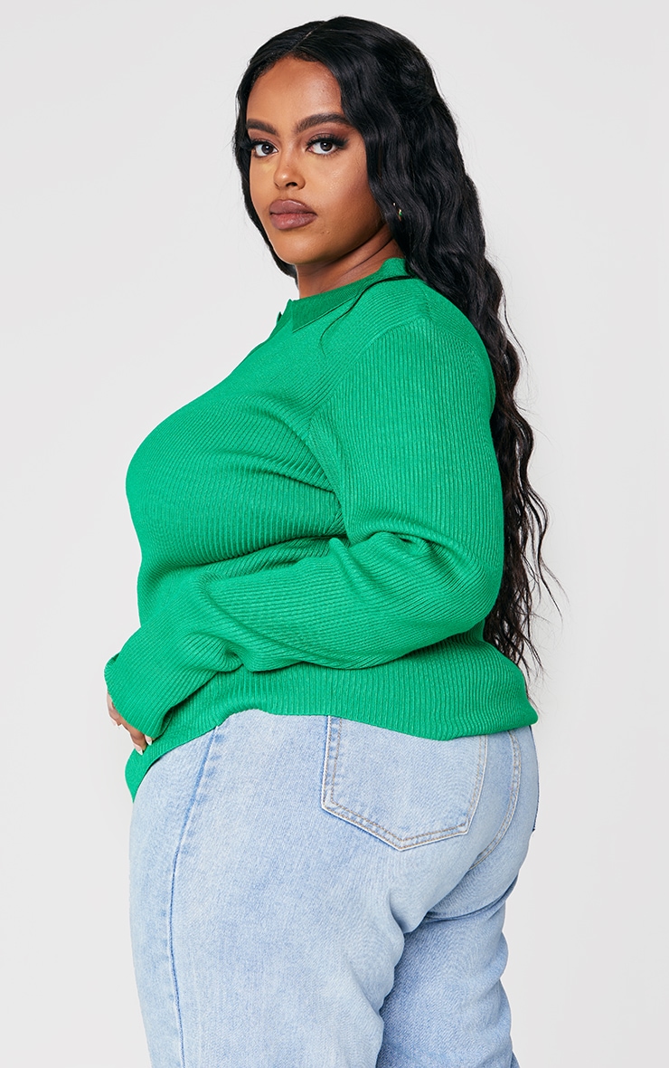 Plus Bright Green Rib Knit Long Sleeve Collar Top | Plus