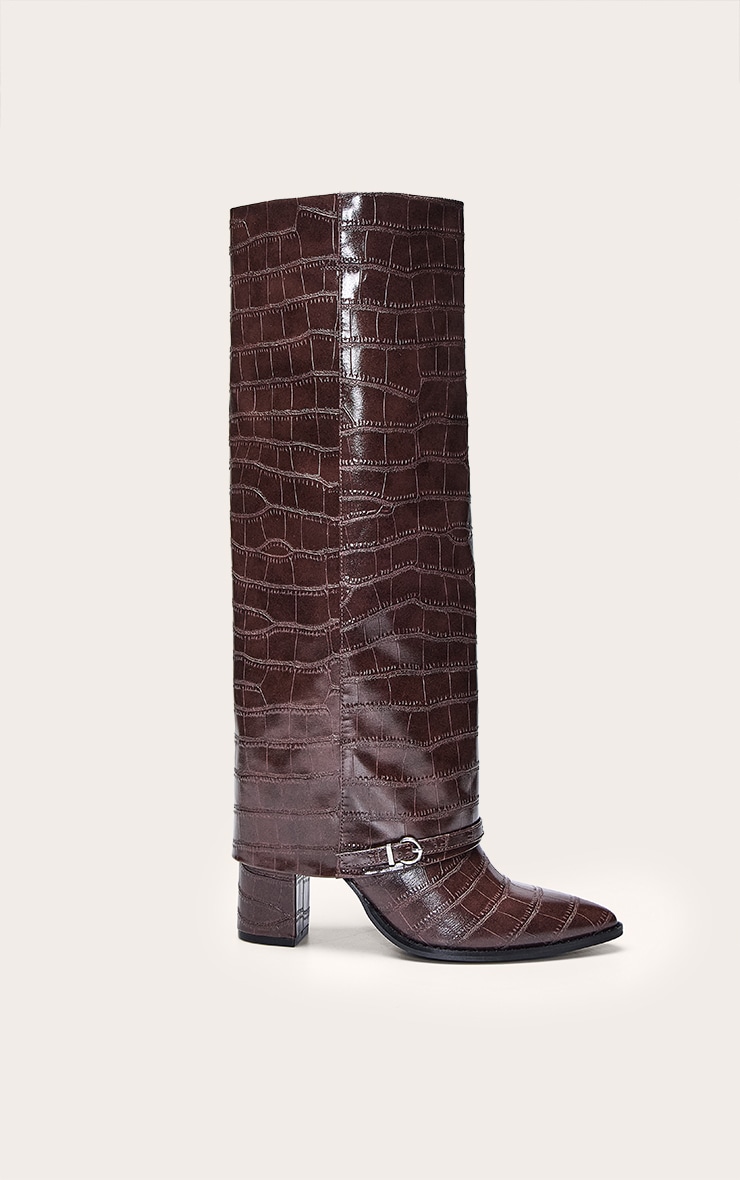 Burgundy Large Scale Croc Fold Over Knee High Block Heel Boot image 2
