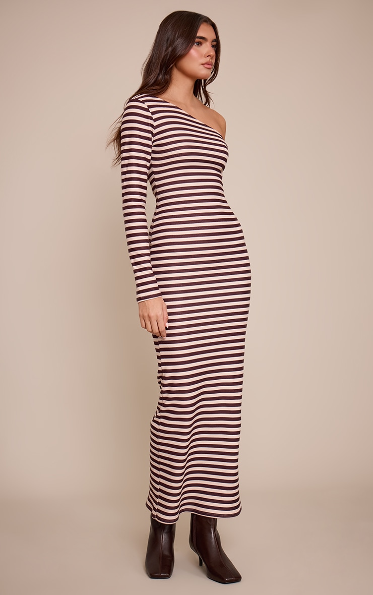 Chocolate Striped Brushed Rib Striped Asymmetric Long Sleeve Maxi Dress image 3