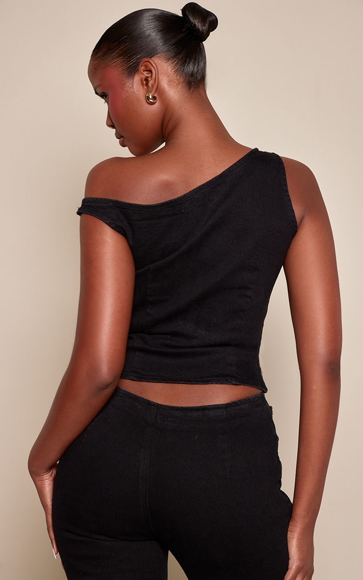 Black Denim Asymmetric Sleeveless Top image 2