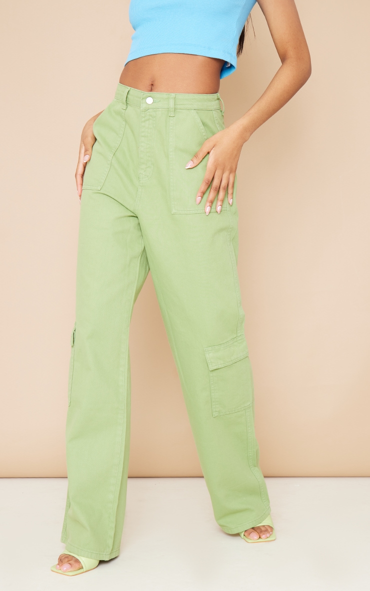 Tall Green Cargo Pocket Baggy Wide Leg Jeans image 2