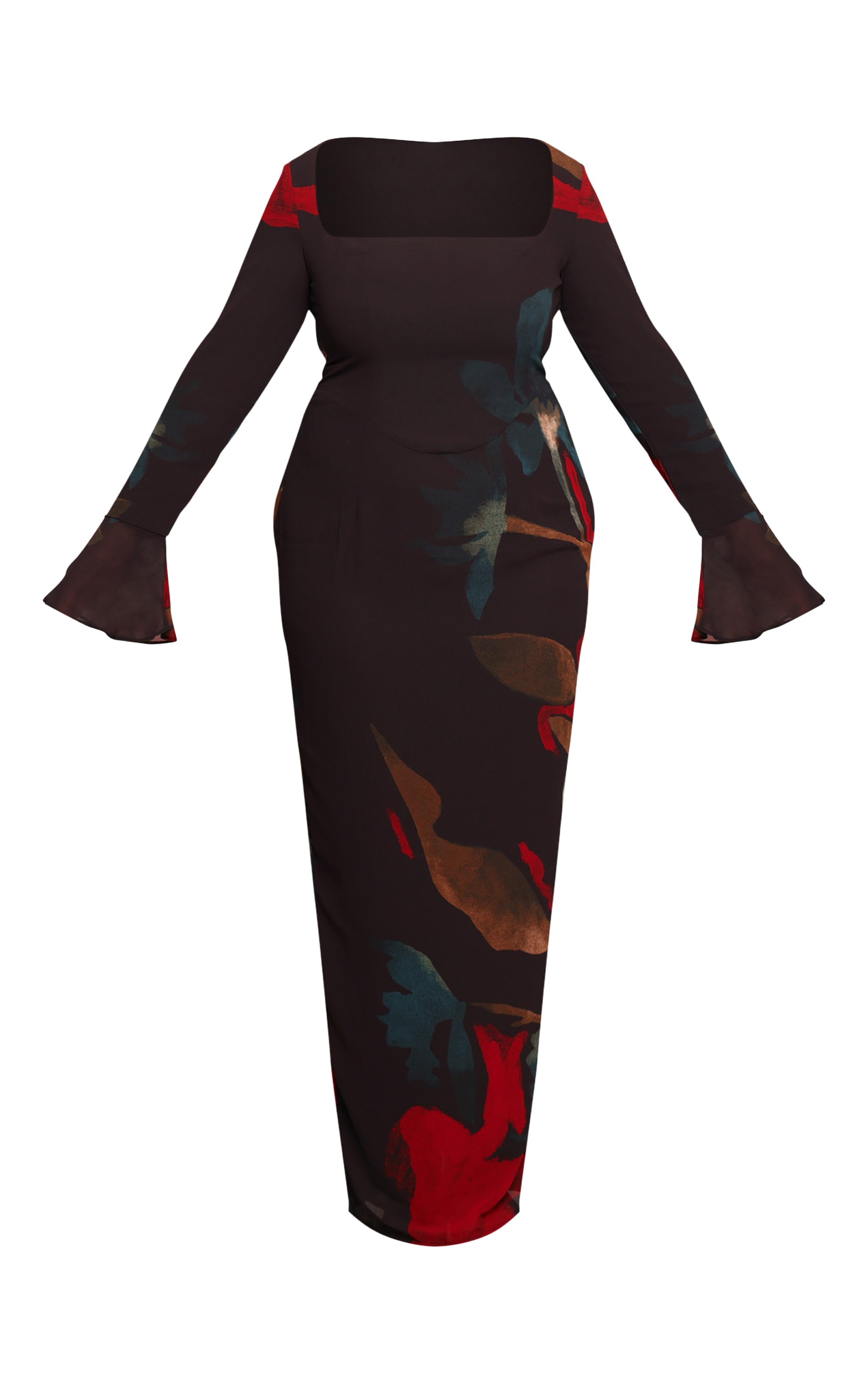 Plus Black Floral Print Chiffon Flute Sleeve Maxi Dress image 5