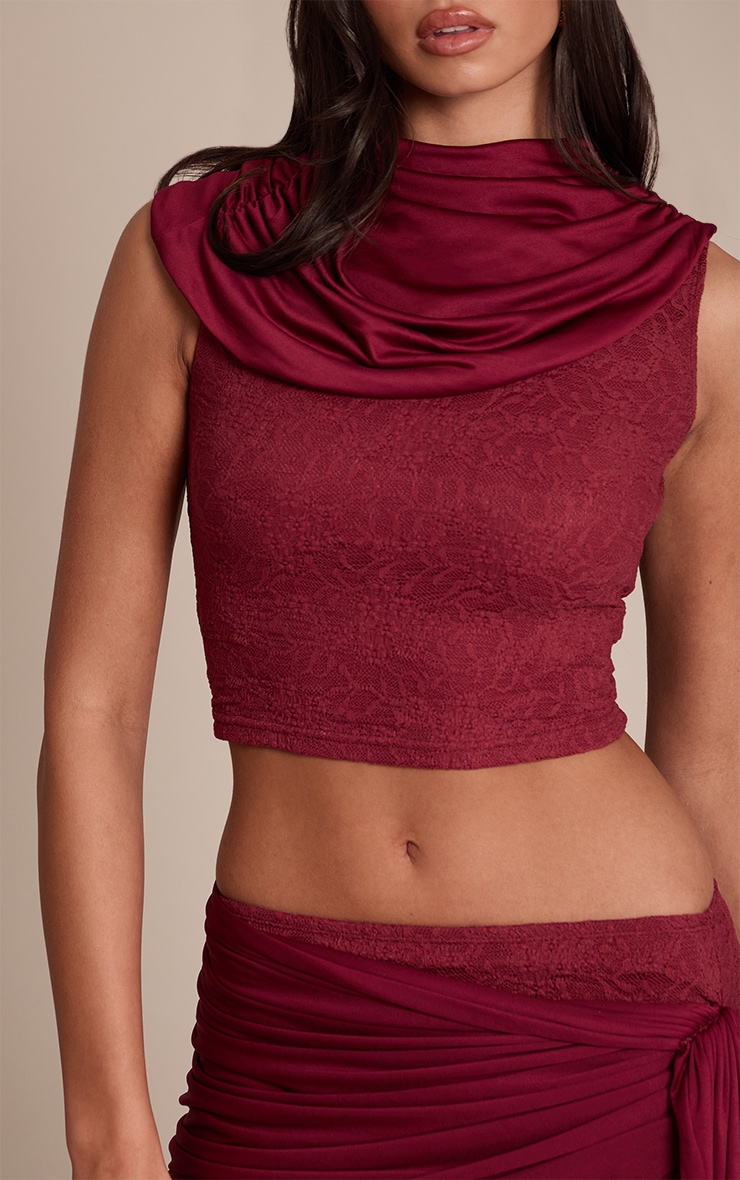 Dark Wine Lace Slinky Ruched Cape Crop Top  image 4