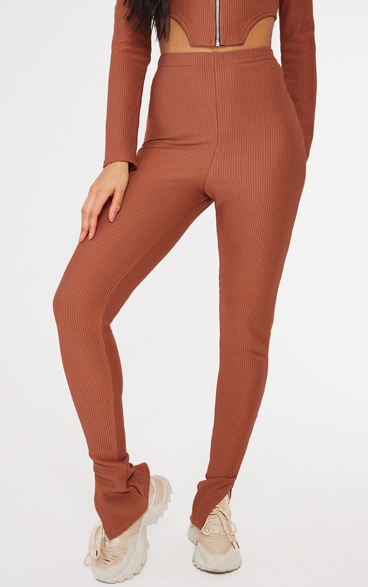 Brown Wide Rib Split Hem Leggings image 2