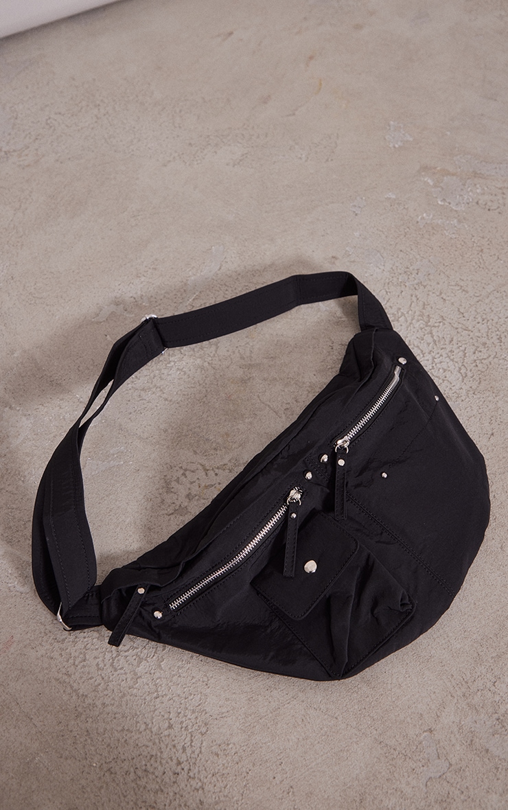 Black Textured Nylon Zip Cross Body Bag image 2