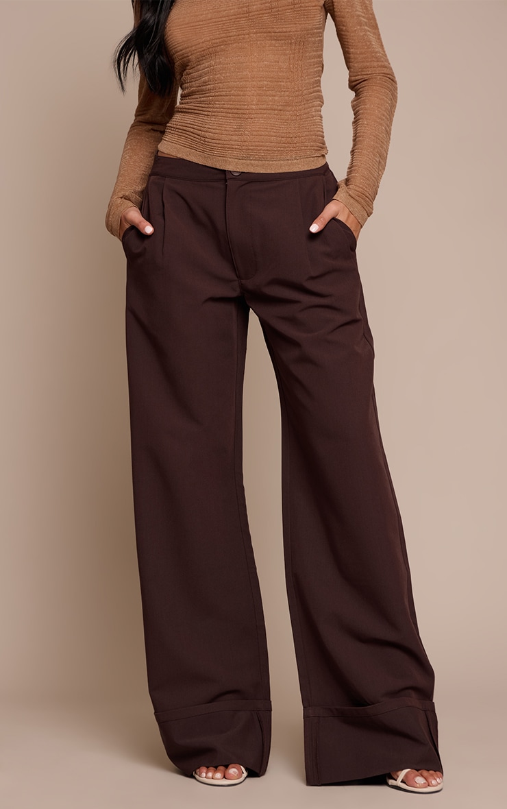 Dark Chocolate Woven Tailored Wide Leg Pleated Pants image 2