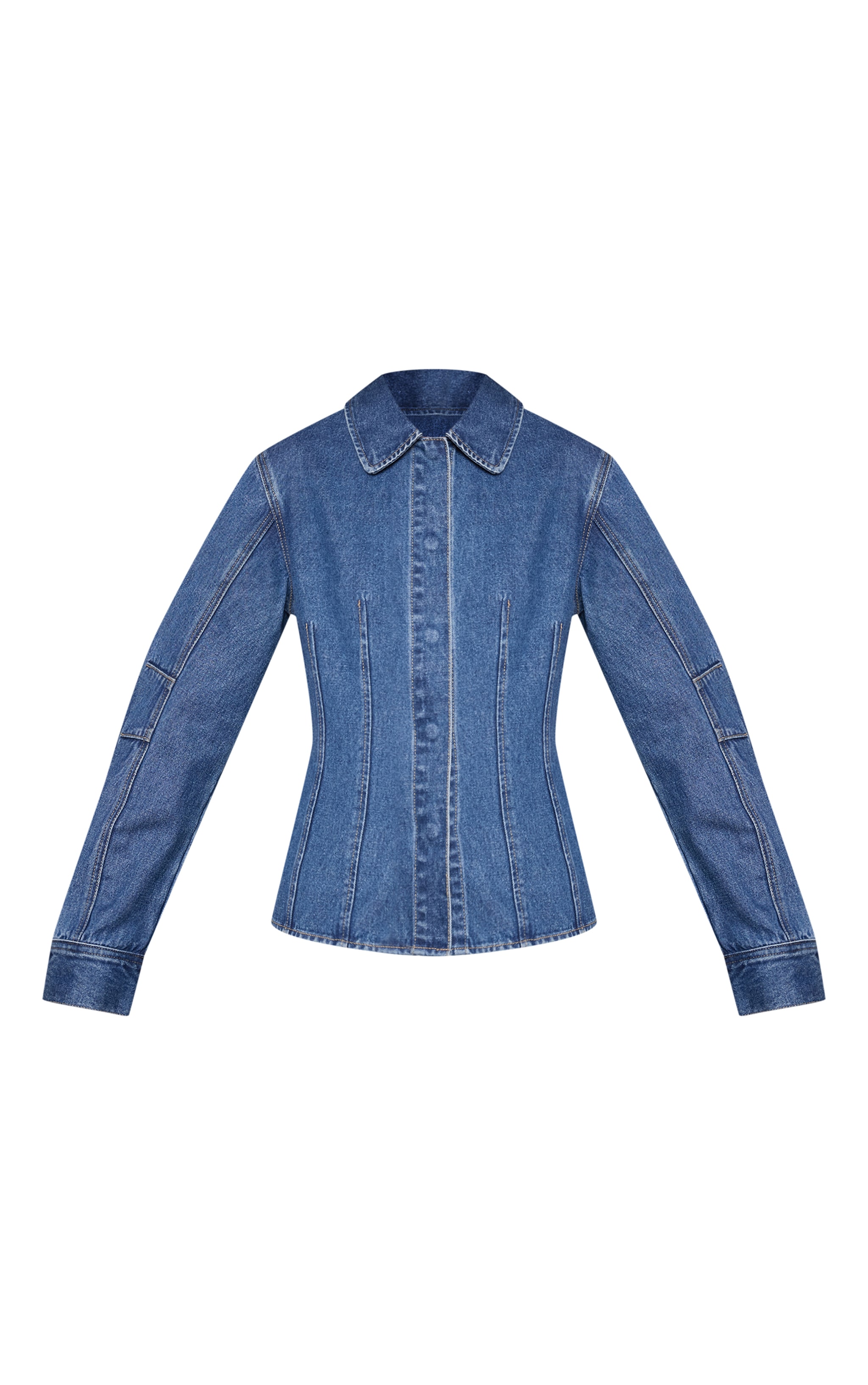 Dark Blue Balloon Sleeve Cinched Denim Shirt image 5