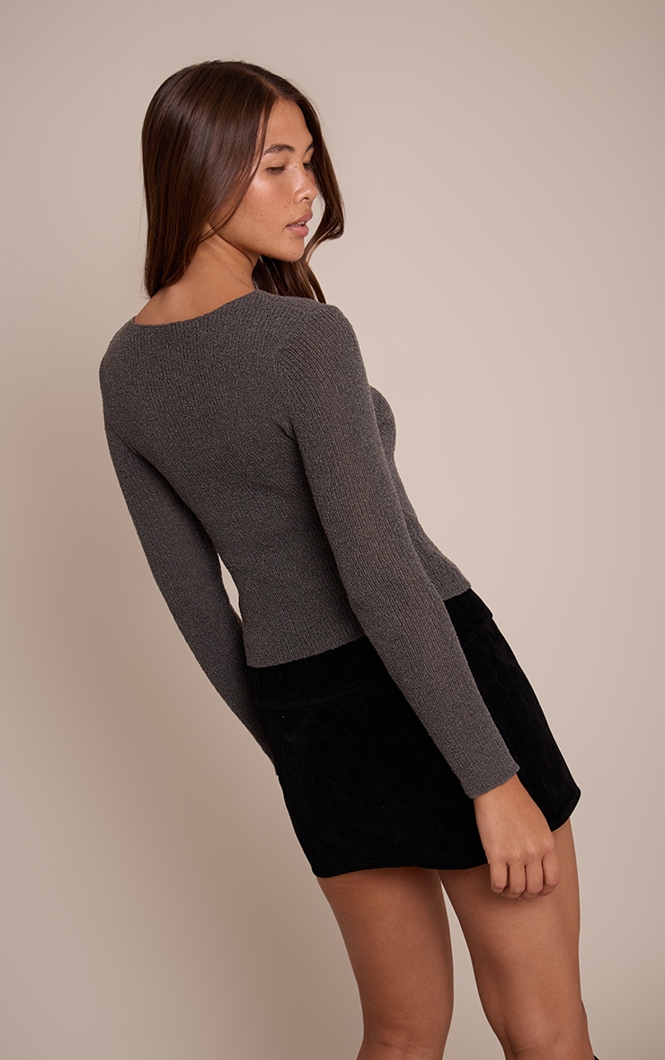 Grey Boatneck Long Sleeved Trim Detail Knitted Top  image 2