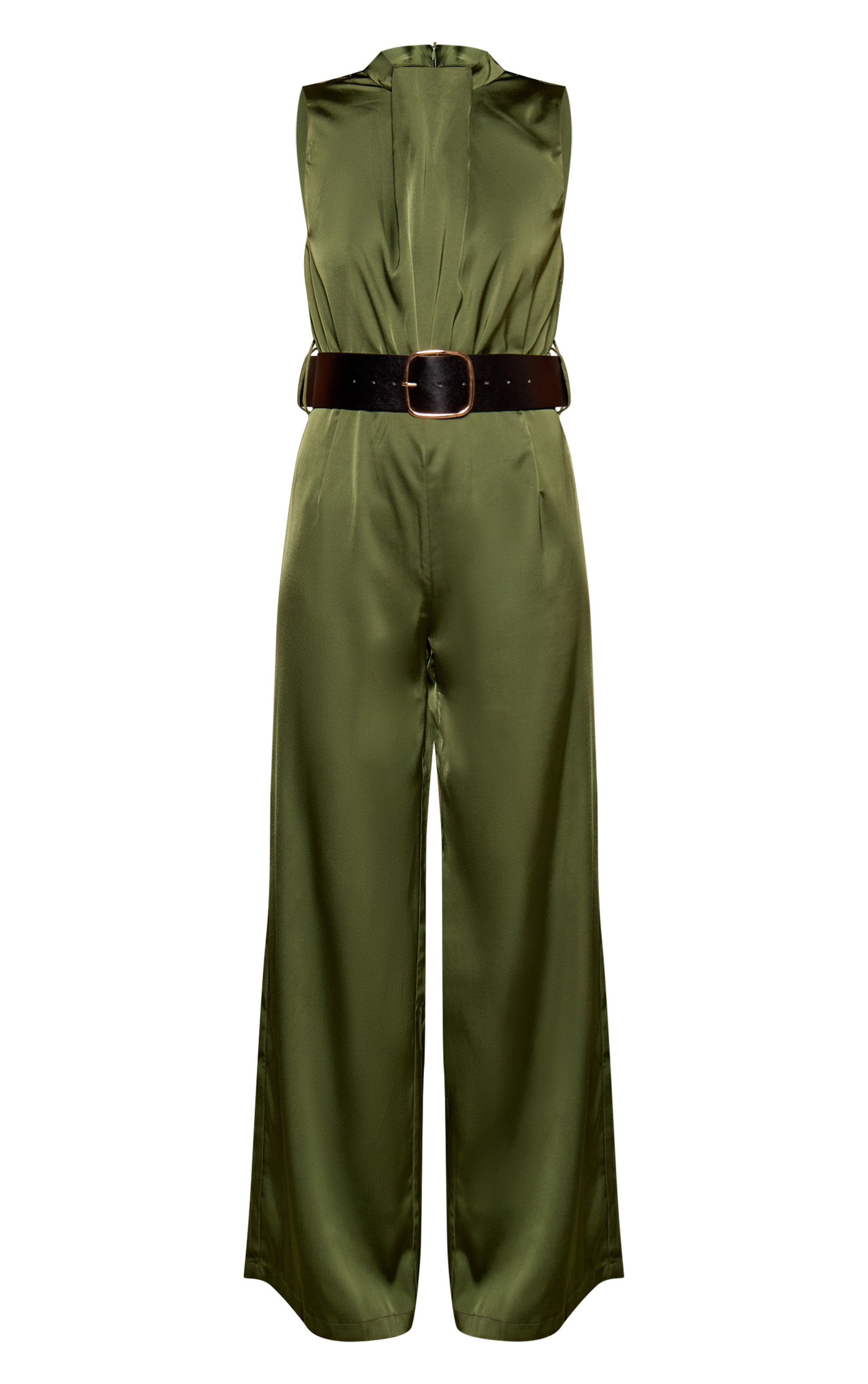 Khaki Satin High Neck Belt Detail Wide Leg Jumpsuit image 5