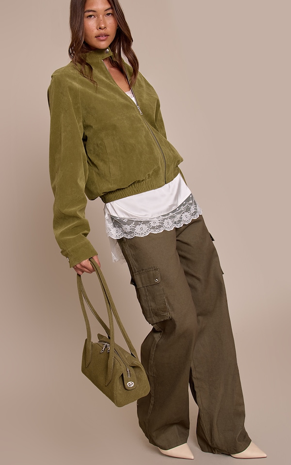 Khaki Wide Leg High Waisted Cargo Pants