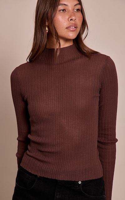 Brown Sheer Knit High Neck Top