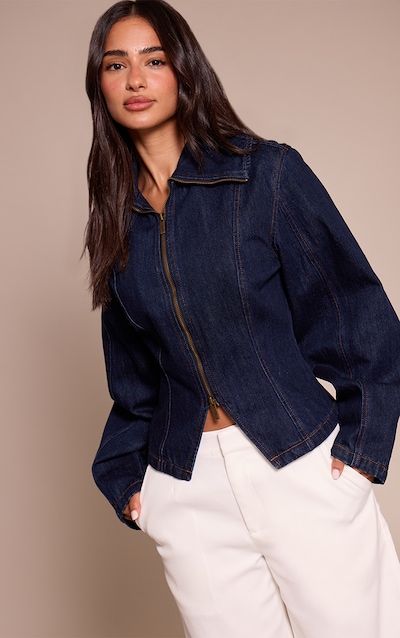 Petite Indigo Sailor Collar Double Ended Zip Cinch Jacket