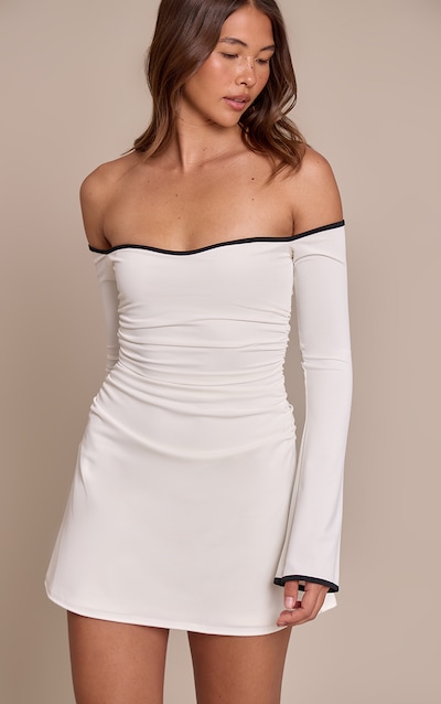 White Slinky Contrast Off The Shoulder Shift Dress