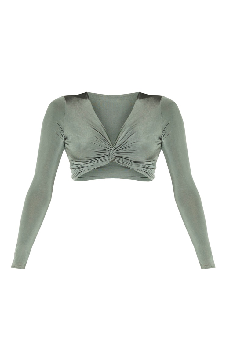 Khaki Slinky Twist Front Long Sleeve Crop Top image 3