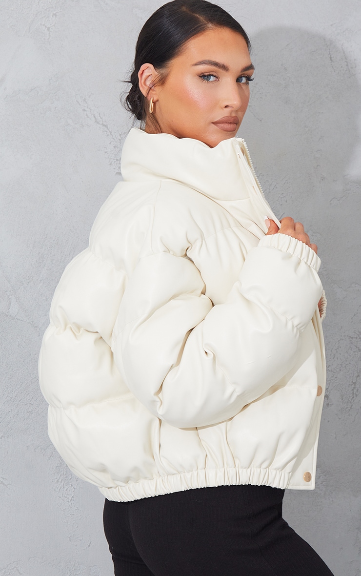 Cream Faux Leather Elastic Hem Bubble Puffer image 2