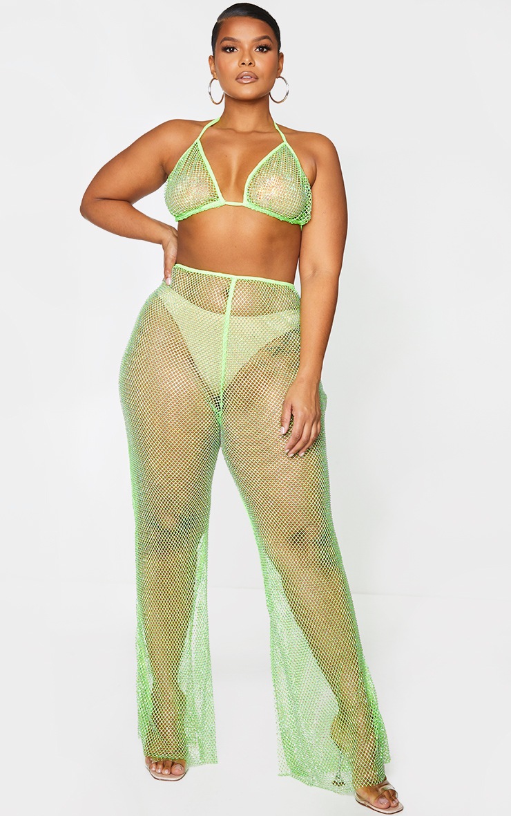 Plus Lime Diamante Fishnet Split Hem Pants