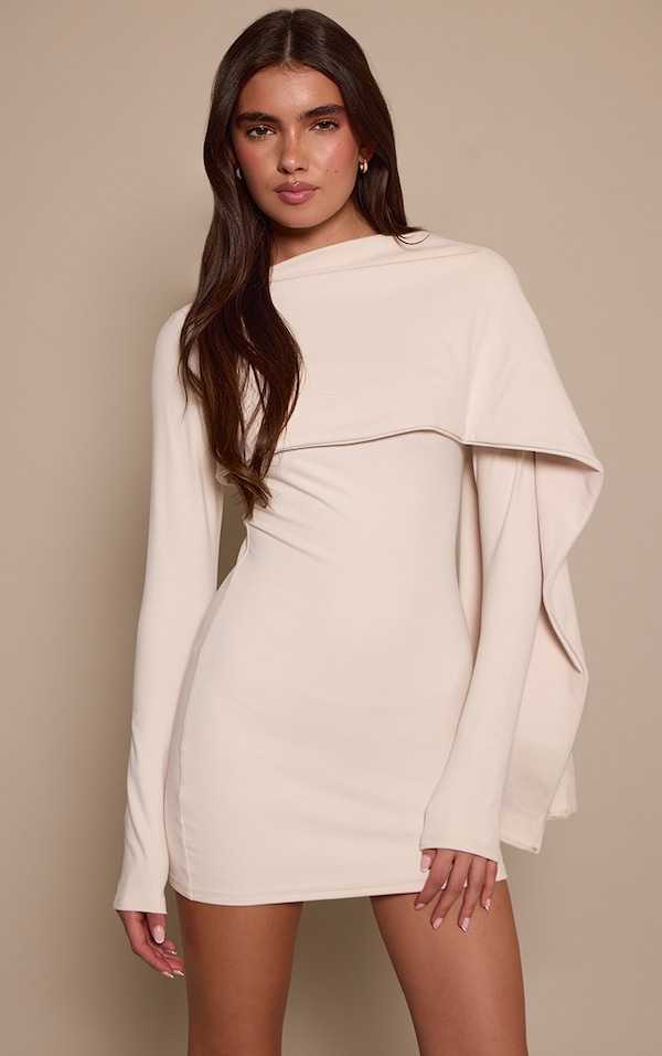 Cream Brushed Rib Trim Long Sleeve Detail Bodycon Dress
