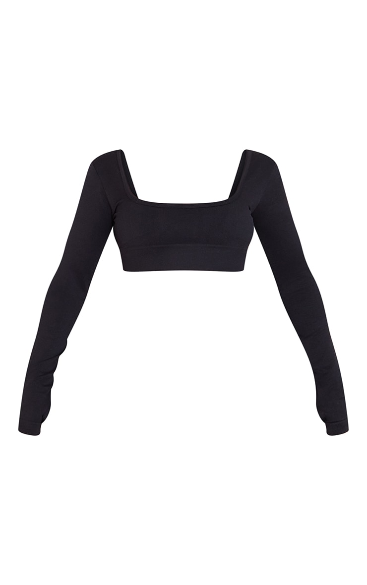 Black Seamless Basic Square Neck Long Sleeve Gym Top image 5