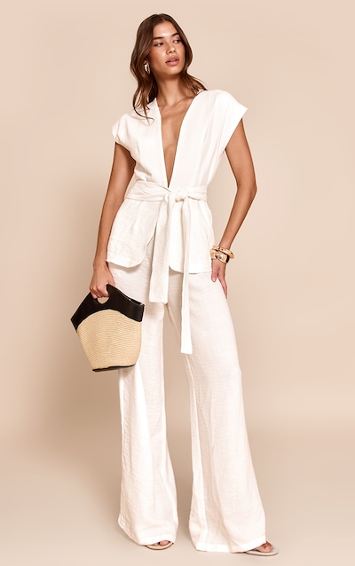 White Textured Tie Waist Jumspuit