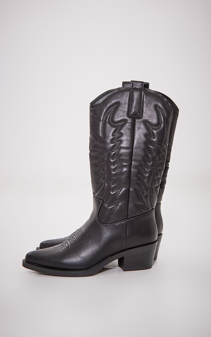 Black Faux Leather Point Toe Knee High Western Boots image 3