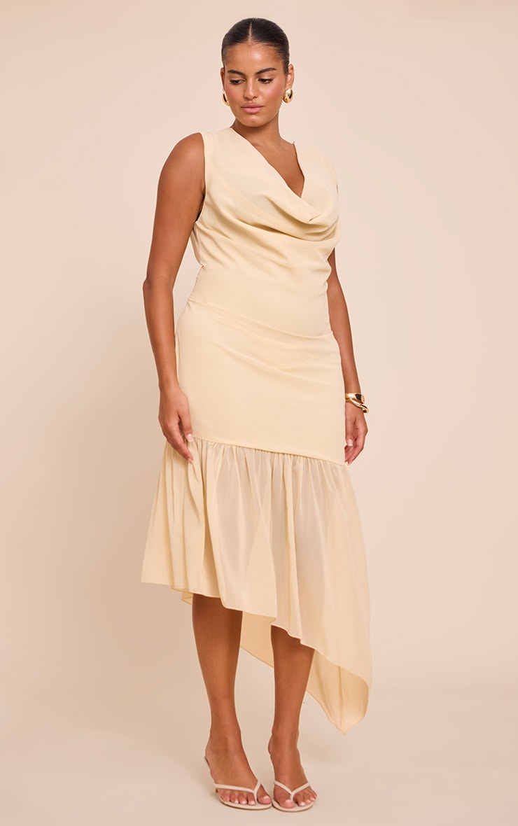 Plus Butter Cream Chiffon Drape Detail Asymmetric Midaxi Dress image 3