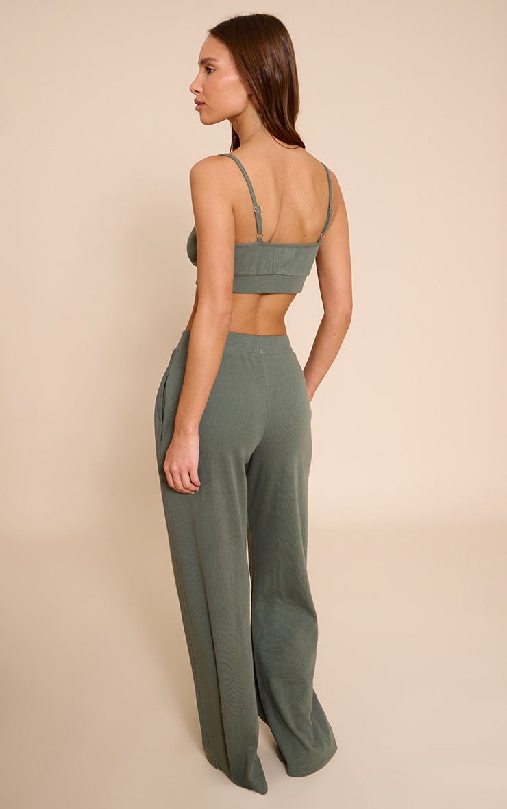 PrettyLittleThing Sage Green Sleep Rib Tonal Elastic Wide Leg Pants image 3