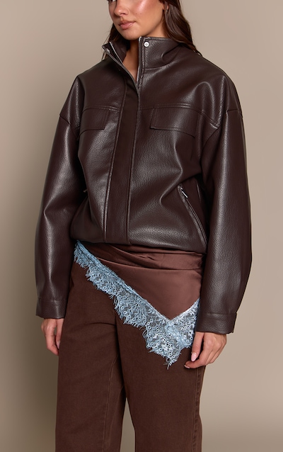 Chocolate Satin Contrast Blue Lace Trim Scarf