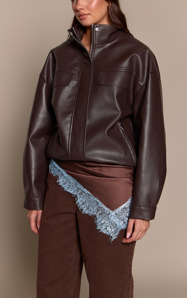 Chocolate Satin Contrast Blue Lace Trim Scarf