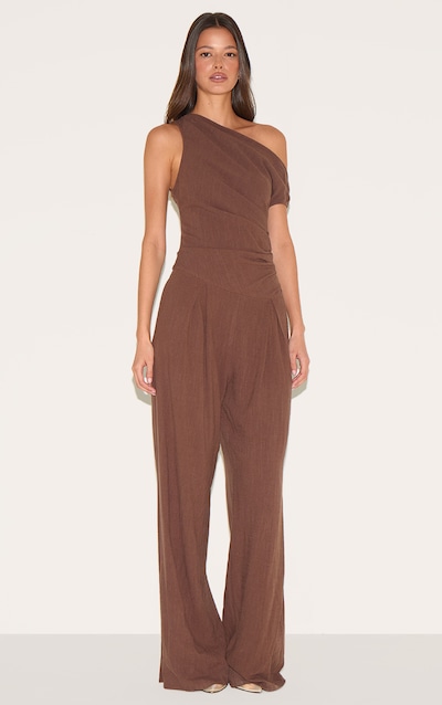 Chocolate Twist Sleeve Linen Ruched One Sleeve Jumpsuit