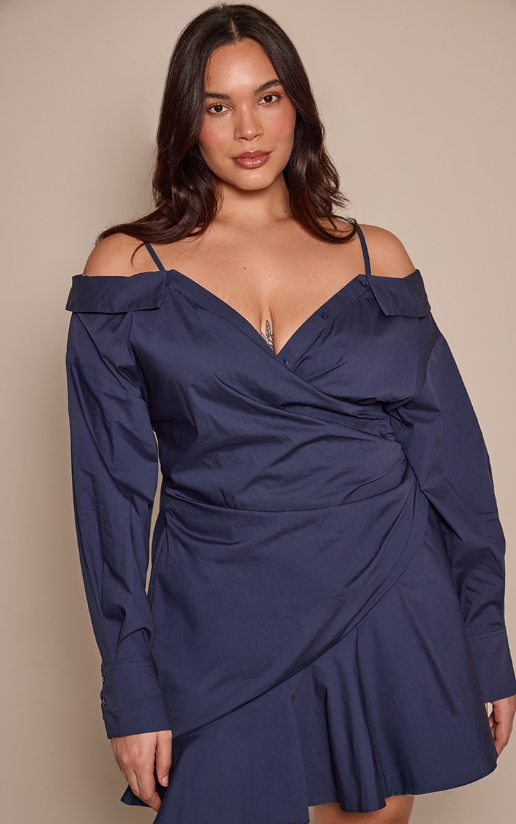 Plus Navy Off The Shoulder Asymmetric Shirt Dress image 1