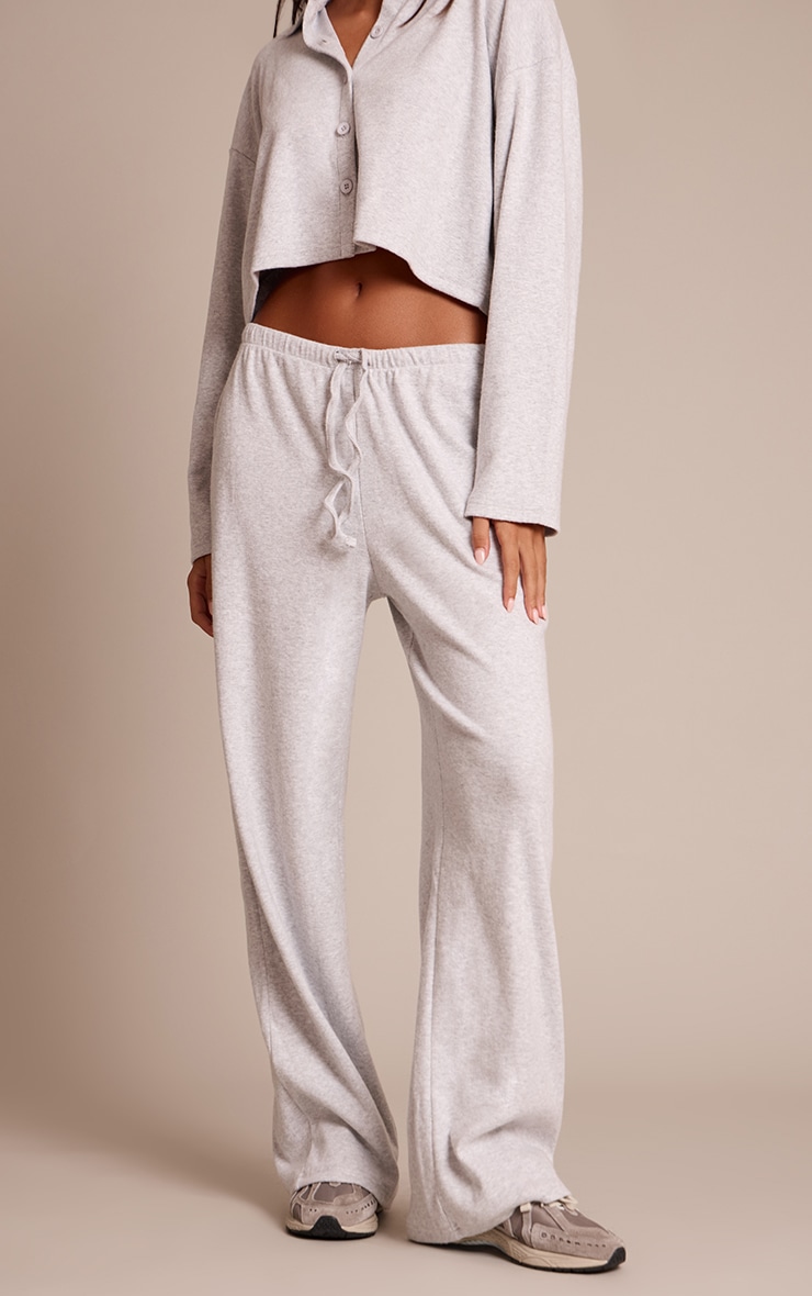 Light Grey Brushed Rib Wide Leg Drawstring Pants image 2
