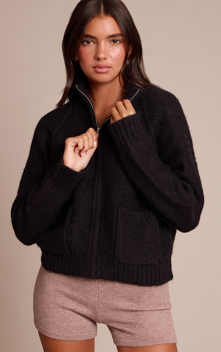Black Zip Up Pocket Detail Knitted Cardigan image 4