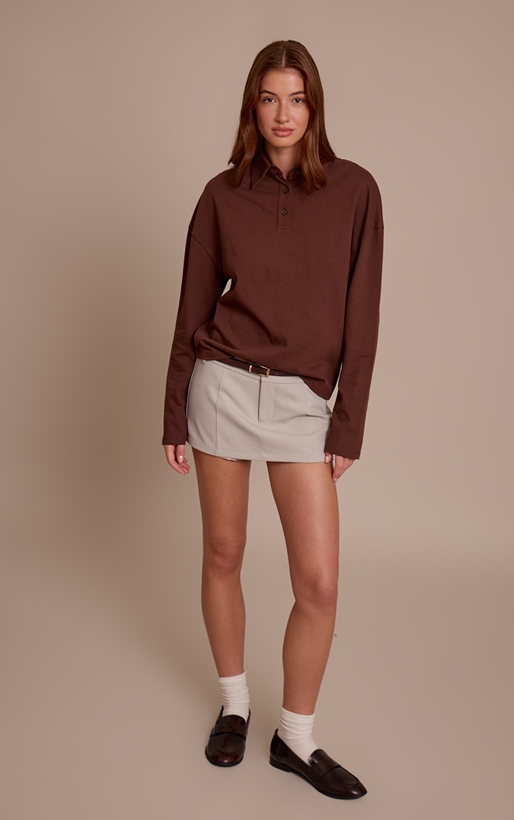 Chocolate Cotton Polo Collar Long Sleeve Top image 3