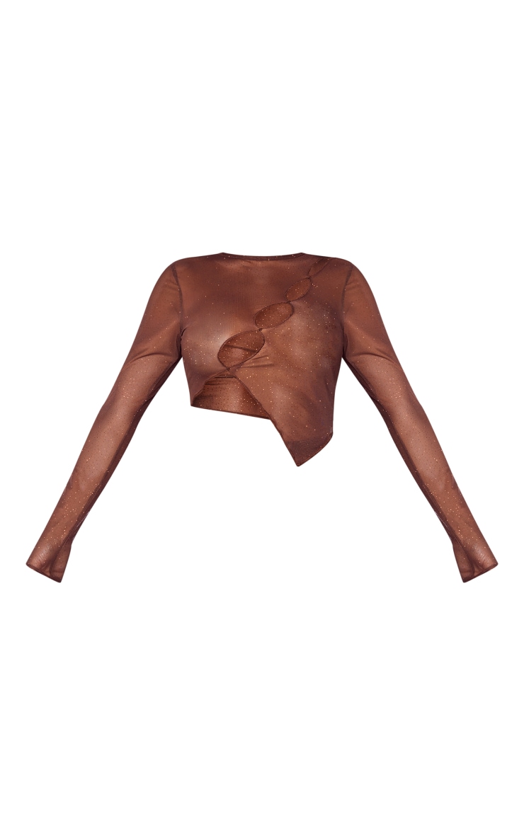 Shape Chocolate Brown Glitter Sheer Mesh Cut Out Crop Top image 5