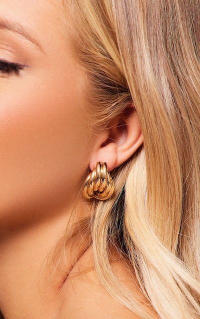 Gold Chunky Ribbed Abstract Hoop Stud Earrings