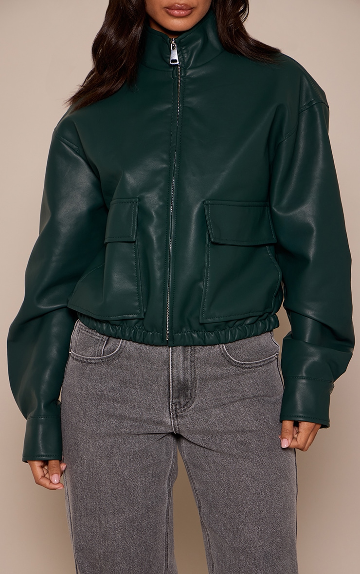 Petite Deep Green Faux Leather Bomber Jacket  image 4