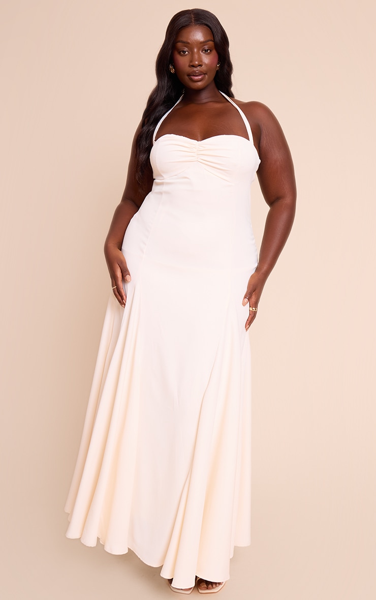 Plus Cream Woven Halterneck Ruched Bust Detail Maxi Dress image 1